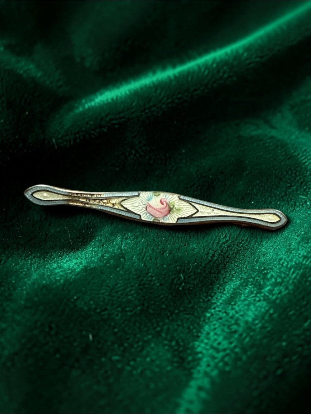 Antique Sterling Silver Guilloche Enamel Pink Rose Bar Pin Brooch